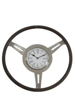 Raw Nickel & Grey Leather Steering Wheel Clock