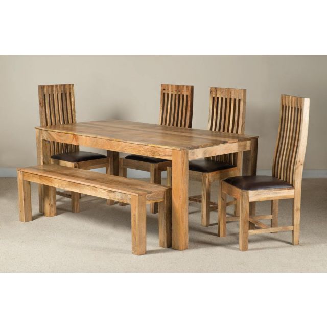Mango Natural & Leather 6-Seater Dining Set With Bench 1